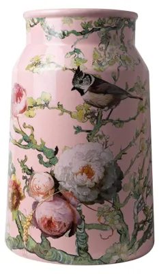 Image de Heinen Delfts Blauw – Vase "Melkbus" avec motif de oiseaux roses
