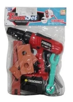 Produktbild von Spielzeug-Werkzeugset für Kinder mit batteriebetriebenem Akkuschrauber, Schraubenschlüssel und Bohrer