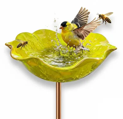 Produktbild von Bienen Tränke & Vogeltränke Garten, Metall Gartenstecker mit Erdspieß, wetterfest, ideal für Bestäuber, Vögel & Schmetterlinge-Gelb