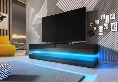 Zdjęcie produktu dla 3xEliving niska szafka pod TV SAJNA w kolorze czarnym i czarnym w wysokim połysku z LED, 4 opcje kolorystyczne, z/bez LED, 140cm