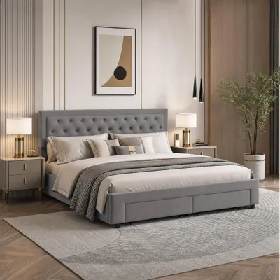 Obrázek produktu pro Postel s pružinovou základnou INONEFT, čalouněná, 180x200 cm, s úložným prostorem, dvoulůžko se 2 zásuvkami, hydraulická postel s úložným prostorem, postel pro mládež s roštem, samet, šedá barva