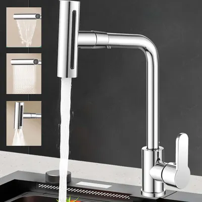 A chrome kitchen faucet with water flowing, shown with inset images demonstrating different spray functions.