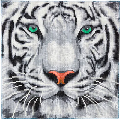 A close-up, pixelated image of a white tiger's face.