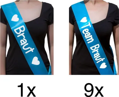 Produktbild von Oblique Unique Schärpe Braut + Team Braut Set JGA Hen Party Bride to be Herzen türkis