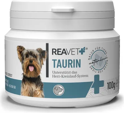 Produktbild von REAVET Taurin für Hunde 100g – Unterstützung des Herz-Kreislauf-Systems, Taurin Pulver 100% rein, Aminosäuren unterstützen Abwehrkräfte & Zellstoffwechsel
