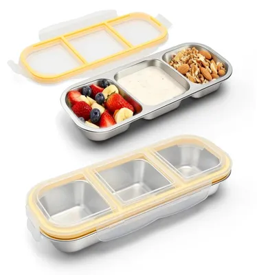 Snackbox aus Edelstahl, 2 Stück, 3 Fächer, 600 ml, gelb