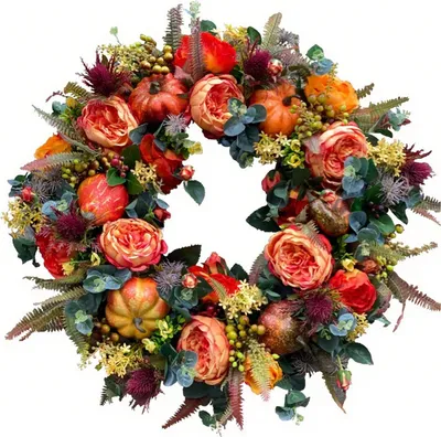 Produktbild von Herbstlicher Pfingstrosen-Kürbiskranz, künstliche Zweiggirlande, Vintage-Blumengirlande, saisonaler Türhänger für Thanksgiving-Ernte-Dekor