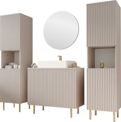 Produktbild von MIRJAN24 Badmöbel-Set Nubia VI, Badezimmer-Set mit Spiegel (Farbe: Cashmere, Mit Siphon, Mit Waschbecken)