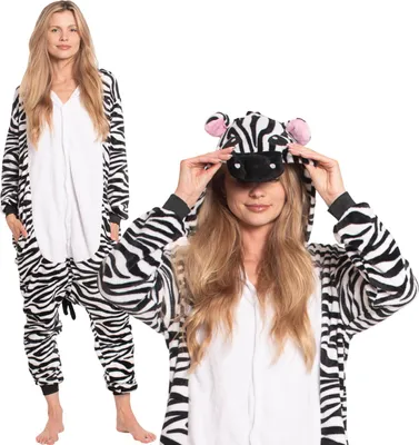 Produktbild von Damen Schlafanzug Einteiliger Kigurumi Onesie Zebra Kostüm Weiß Schwarz 175-185 cm XL