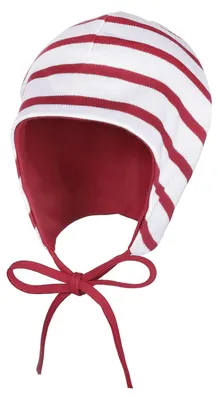 Produktbild von modAS Baby Mütze aus Baumwolle - Kopfbedeckung Mädchen Jungen mit Bindeband und Ohrenschutz in Weiß-Rot 39 cm – ca. 3-4 Monate