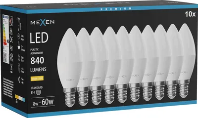 Obrázok produktu pre Mexen Nova 10x LED žiarovka E14, C37, 8 W, teplá – 3000 K, 840 lm – L102-E14-0830-01x10