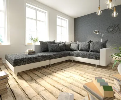 Produktbild von DELIFE Ecksofa Clovis Weiss Schwarz modular Armlehne Hocker Ottomane Links