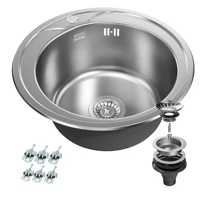 Produktbild von ANW HOME Rundspüle 49 cm Edelstahl Einbauspüle silber Küchenspüle 1 Becken rund Spüle mit Siphon kompakt rostfrei leise 18 cm tief klein Küche