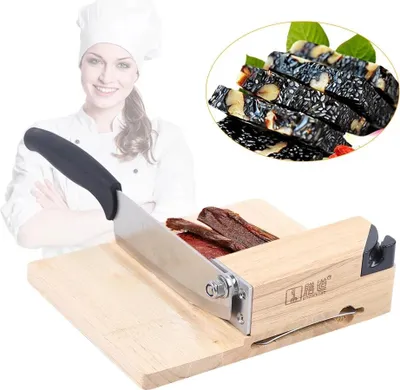 Immagine prodotto di Affettatrice per salumi e prosciutti - Ghigliottina - Lama in acciaio inossidabile - Base in legno di gomma - Tagliere liscio - Braccio a leva - Facile da usare