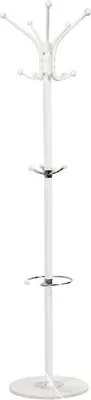 A white coat rack with multiple hooks and a circular base.