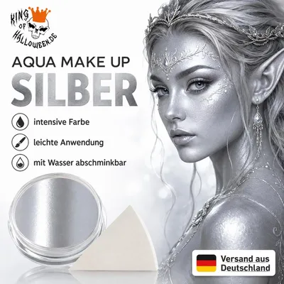 Produktbild von Premium Aquaschminke Silber 14 g mit passendem Schminkschwamm – wasseraktivierbare Gesichtsfarbe mit hoher Deckkraft für Halloween Make-up, Karneval, Fasching, Cosplay, Theater, Bühne, Gothic Look, Totenkopf, Skelett, Zombie, Hexe, Vampir, Teufel, Horror