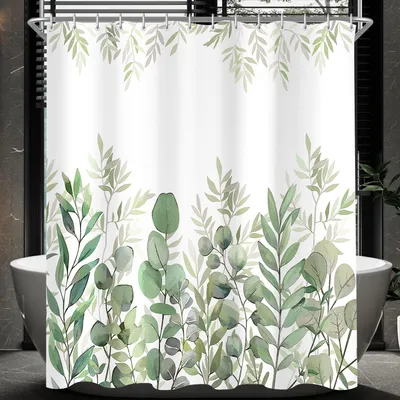 Produktbild von Duschvorhang 180 x 200 cm, Blattmotiv, beschwerter Saum, schimmelresistent, wasserdichte Oberfläche, waschbares Polyestergewebe, Badvorhang für Badezimmer und Badewannen, inklusive 12 Duschvorhangringen