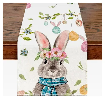 Produktbild von Osterdeko Tischläufer, Sackleinendruck mit Hasen und Eiern, Tischdekoration für Ostern, Frühlings- und Geburtstagspartys, 183 x 33 cm