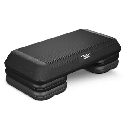 A black adjustable aerobic stepper is shown on a white background.