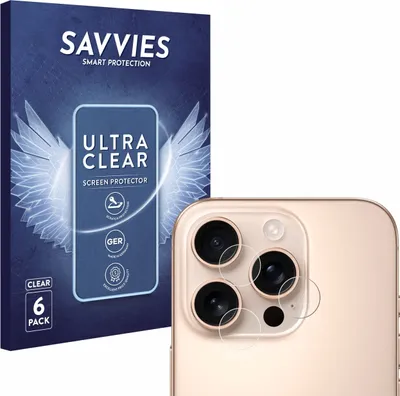 A product packaging box for screen protectors and a close-up of a smartphone camera lens with screen protectors applied.