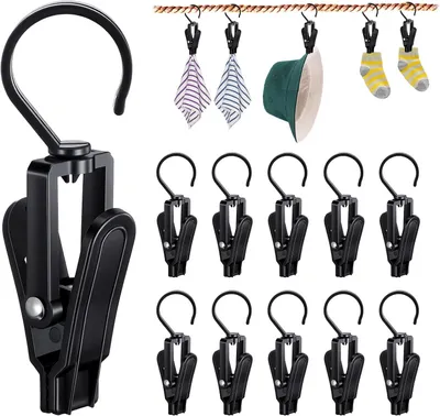 Produktbild von 10 Stück Wäschehaken - Wäscheklammern mit Haken - 360° drehbarer Haken, Hosenbügel - rutschfest – Kleiderbügelclips aus Kunststoff - Schwarz
