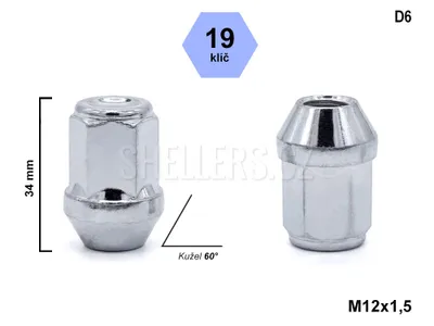 Obrázek produktu pro Kolová matice M12x1,5 kužel zavřená, klíč 19, D6, výška 34 mm