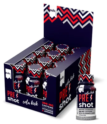 Obrázek produktu pro PULS Pre Workout Shot Cola Kick 12 x 60 ml – doplněk s 200 mg kofeinu, beta-alaninem, argininem AKG a vitamíny skupiny B