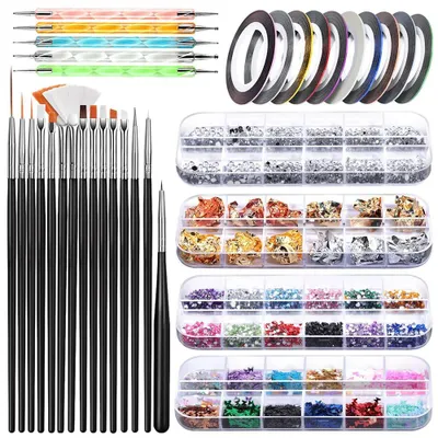 Produktbild von Nagelkunstpinsel, Teenitor 3D-Nagelkunst-Dekorationsset mit Nagelstift, Designer-Punktierwerkzeugen, Farben, holografischem Schmetterlings-Nagelglitter, Folienflocken, Nagelklebestreifen und mehrfarbigen Strasssteinen