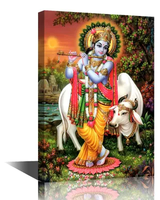 Leinwandbild Krishna mit Kuh, 61 x 40 cm, gerahmt