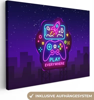 Produktbild von MuchoWow® - Leinwandbilder - Gaming - Neon - Spielen - Blau - Nacht - Controller, Wandbild, Wanddeko Bilder Wohnzimmer, 120x90 cm