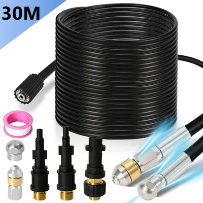 Immagine prodotto di Set di tubi per la pulizia dei tubi Jayseuw 30M, con ugelli rigidi + rotanti, 3 adattatori, per idropulitrici standard, set universale per la pulizia dei tubi