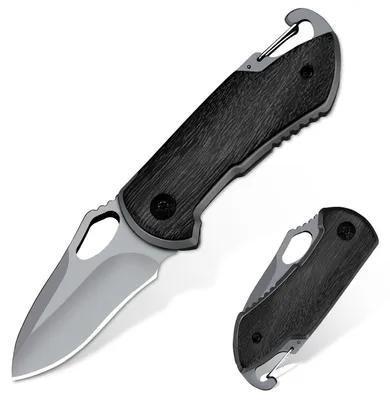 Image de Couteau pliant, manche en bois, gris et noir, idéal pour la chasse, le camping, usage quotidien, compact, à une main, pour activités de plein air, modèle mini, à attacher à la ceinture
