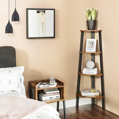 Zdjęcie produktu dla Półka ścienna narożna z 4 półkami – industrialna półka ścienna – kolor brązowy i czarny w stylu vintage – wymiary: 34 x 125 x 34 cm