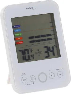 A white digital thermometer and hygrometer on a white stand, displaying temperature and humidity readings.