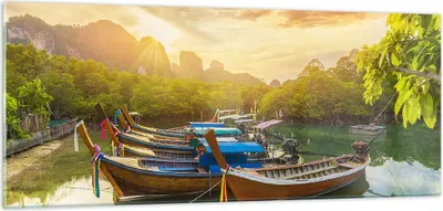 Produktbild von Bilder auf glas - Berge Boot Wasser - 100x40cm - Glasbilder - Wandbilder - Kunstdruck - zum Aufhängen bereit - Wanddekoration aus Glas - Glas Bilder - Wandbild auf Glas - Einteilig - GAB100x40-4003