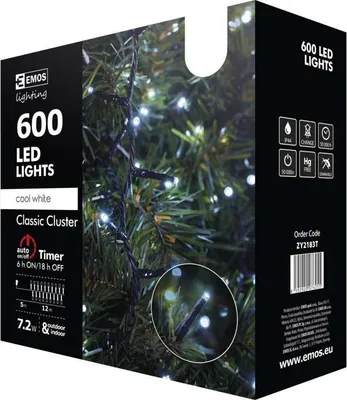 Obrázok produktu pre Vianočná reťaz LED, vnútorná a vonkajšia, 12 m, 600 LED diód, studená biela, časovač