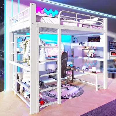 Produktbild von Merax Etagenbett Hochbett 140x200 cm, Metallbett mit Schreibtisch, LED Beleuchtung, Kleiderstange und Stauraumregalen, Kinderbett, Jugendbett, Weiß