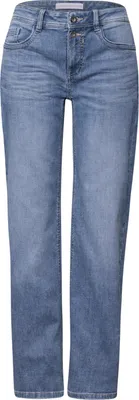 A pair of blue denim jeans shown from the front against a white background.