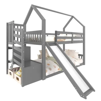Produktbild von Etagenbett mit 2 Schlafgelegenheiten, Rutsche, Lattenrost, Rausfallschutz, 90x200cm, Kinderbett, Kiefer