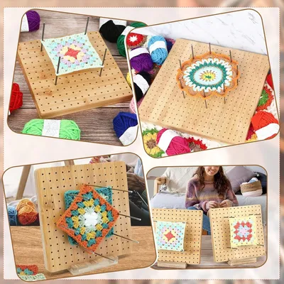 Produktbild von NIXRET Häkelblockierbrett und Nadeln, 20 cm quadratischer Blocker + Holzbasis + 20 Stück 10 cm Stahlstäbe + 5 scharfe Nadeln für Häkel- und Strickprojekte