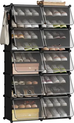 A multi-tiered shoe storage organizer filled with shoes, bags, and boxes.