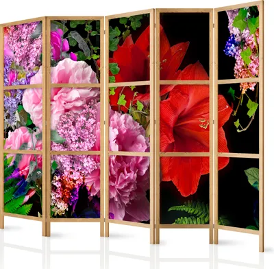Produktbild von Paravent XXL Blumen 225x171 cm - 5-teilig - einseitig - eleganter Sichtschutz - Raumteiler - Trennwand - Raumtrenner - Holz - Design Motiv - Deko - Japan b-A-0491-z-c