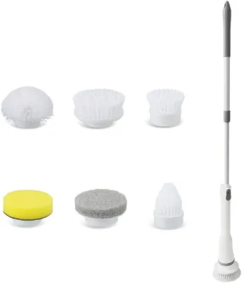 Image de Brosse électrique de nettoyage - Brosse de nettoyage - Nettoyage de salle de bain - Longueur réglable - 6 têtes de brosse - Blanc