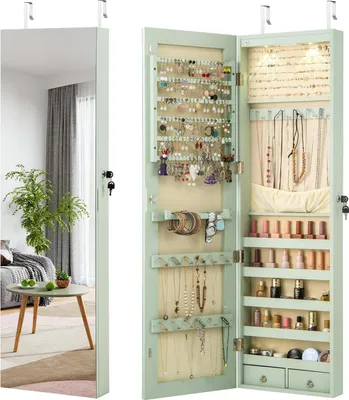 Produktbild von GOPLUS Schmuckschrank mit LED, Spiegelschrank hängend mit Schlüsseln, Schmuckregal mit Spiegel für Ringe, Ohrringe, Halsketten, Armbänder (Grün)