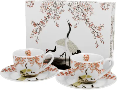 Produktbild von DUO ART GALLERY 2er-Set Espressotassen 90 ml SAKURA & CRANES mit Untertassen, New Bone China Porzellan