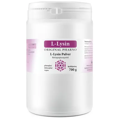 Produktbild von L-Lysin Pulver 700 g –  Pures Lysin, essenzielle Aminosäure, vegan, gut löslich & geschmacksneutral – Original Pharno