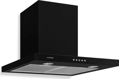A black kitchen range hood is shown against a white background.