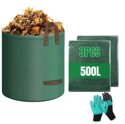 Zdjęcie produktu dla Zielone, wodoodporne worki ogrodowe 500 l, zestaw 3 sztuk, z uchwytem