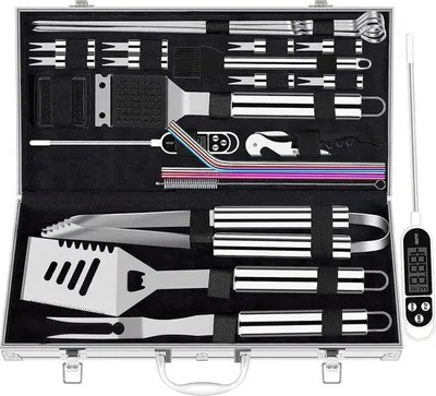 Produktbild von Unyqoos® 26‑teiliges BBQ‑Grillset – komplettes Edelstahl‑Grillbesteck mit Korkenzieher, Sofortthermometer, 4 Spieße & Aluminiumkoffer, silber