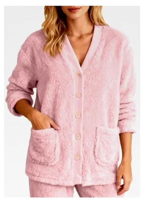 Produktbild von Dicke Teddyjacke für Damen, warme Winterjacke mit langen Ärmeln, Fleecejacke für Outdoor-Aktivitäten, einfarbiger Übergangsmantel mit V-Ausschnitt, gefütterter Wintermantel, Pyjama-Loungewear und Bademantel